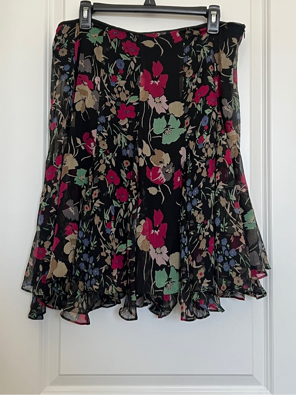Ralph Lauren Black Floral Circle Skirt with Pink, Green & Tan Blooms